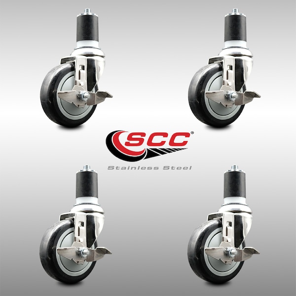Service Caster 4 Inch 316SS Black Poly Swivel 1-3/4 Inch Expanding Stem Caster Set Brake SCC SCC-SS316EX20S414-PPUB-BLK-TLB-134-4 - main